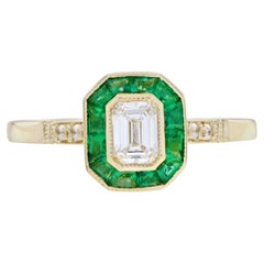 Emerald Cut Diamond and Emerald Art Deco Style Engagement Ring in 18K Yellow Gol