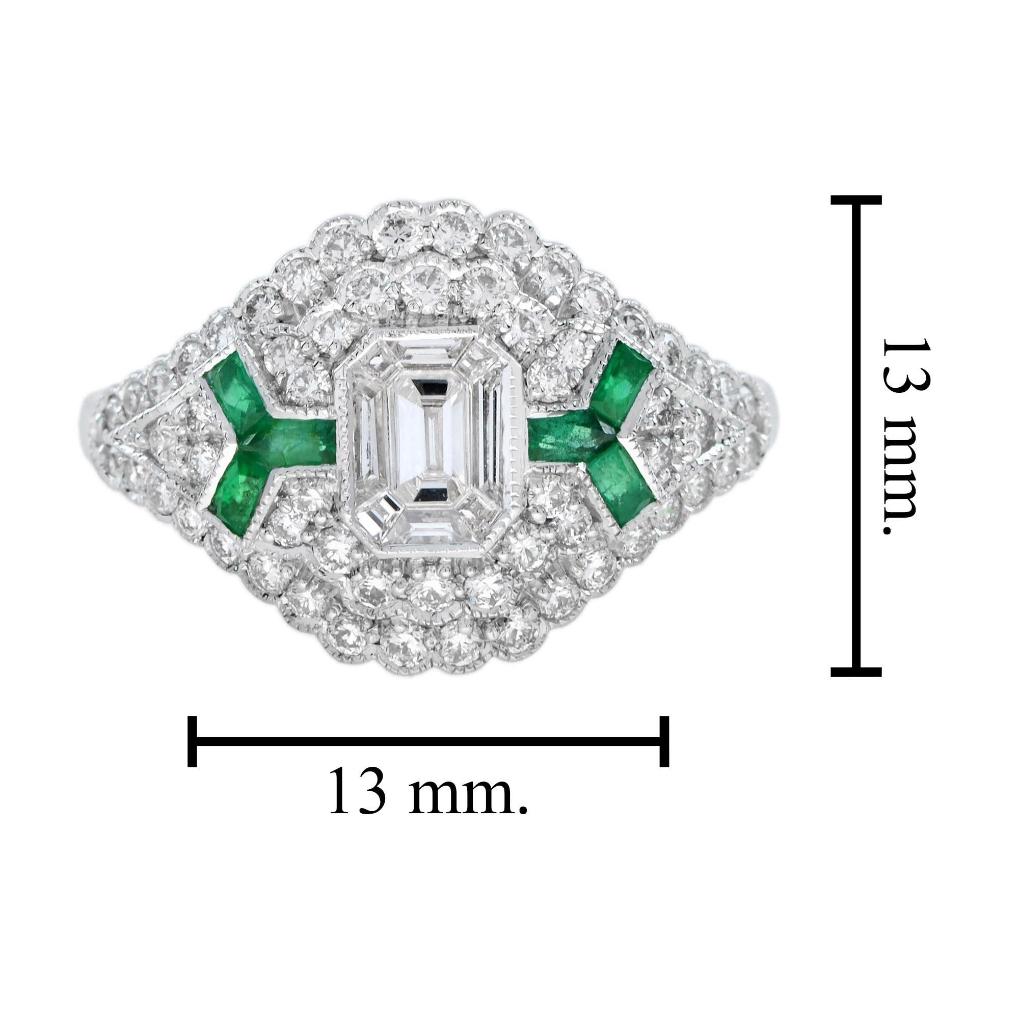 For Sale:  Emerald Cut Diamond and Emerald Art Deco Style Ring in 18K White Gold 7