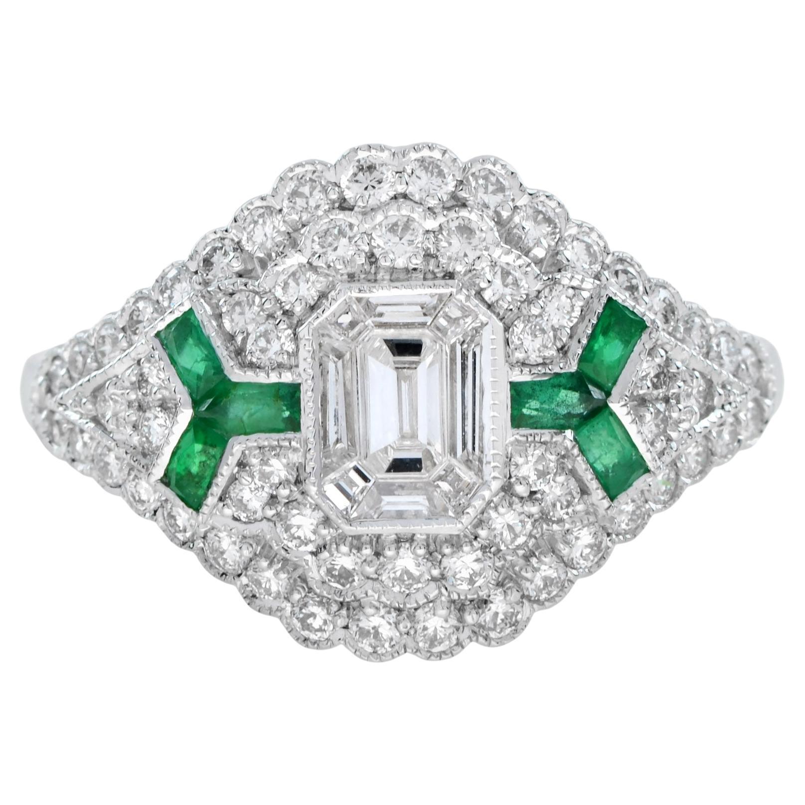 Ring aus 18 Karat Weißgold mit Diamanten im Smaragdschliff und Smaragd im Art-déco-Stil