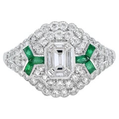 Emerald Cut Diamond and Emerald Art Deco Style Ring in 18K White Gold