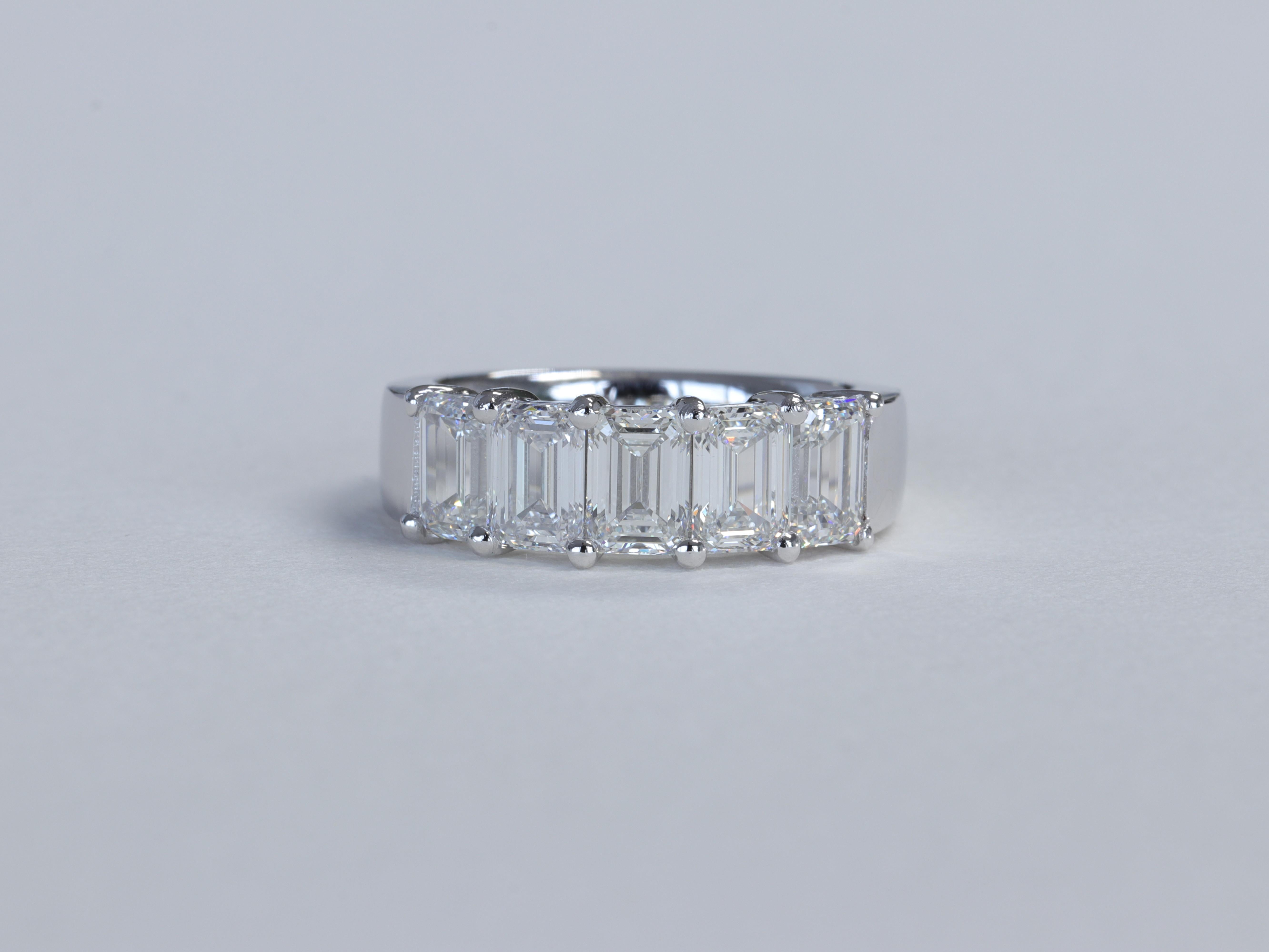 Modern Emerald Cut Diamond and Platinum 5 Stone Anniversary Wedding Band Ring GIA For Sale