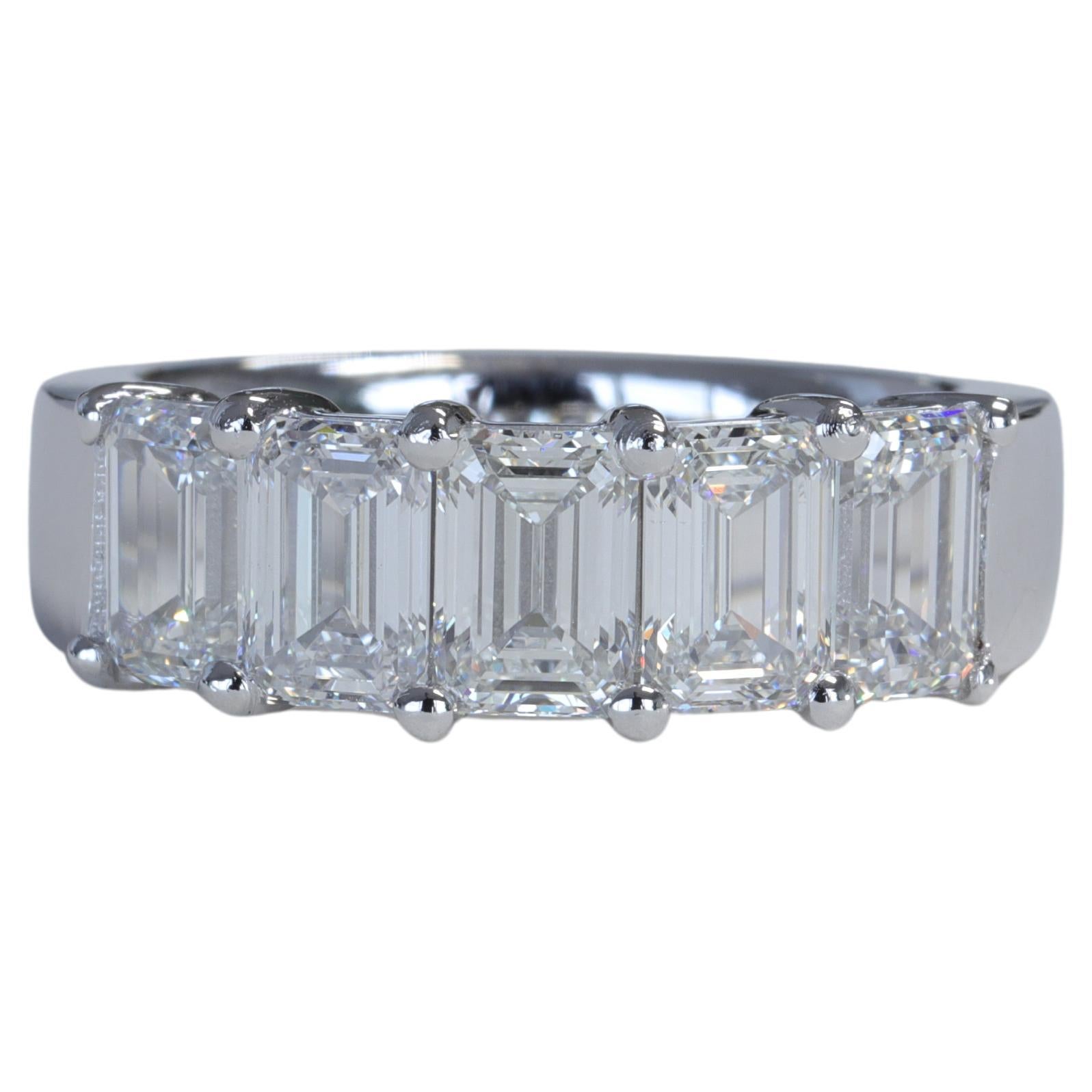 Emerald Cut Diamond and Platinum 5 Stone Anniversary Wedding Band Ring GIA For Sale