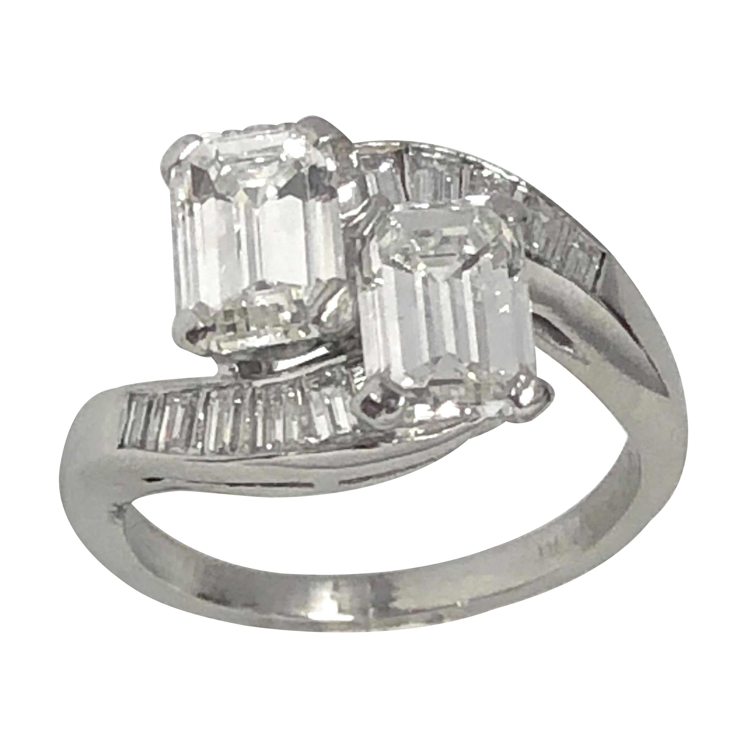 Emerald Cut Diamond and Platinum Bypass Ring For Sale