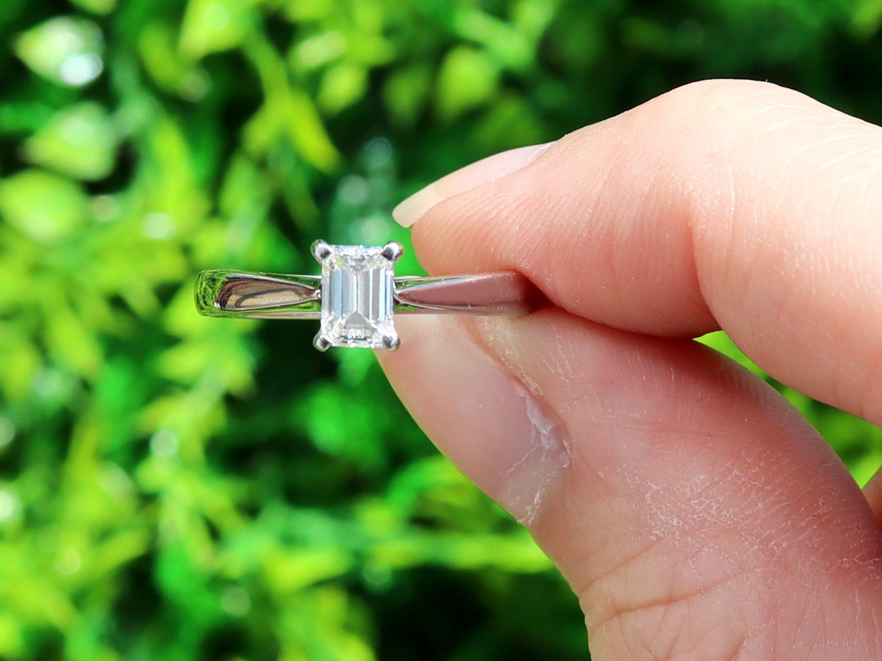 A fine 0.33 carat emerald cut diamond and platinum solitaire ring; part of our contemporary jewelry / estate jewelry collection

This fine contemporary emerald cut diamond solitaire ring has been crafted in platinum.

The ring displays a four claw /