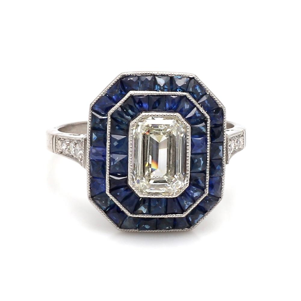 Smaragdschliff Diamant und Saphir Ring - GIA zertifiziert im Zustand „Hervorragend“ im Angebot in Scottsdale, AZ