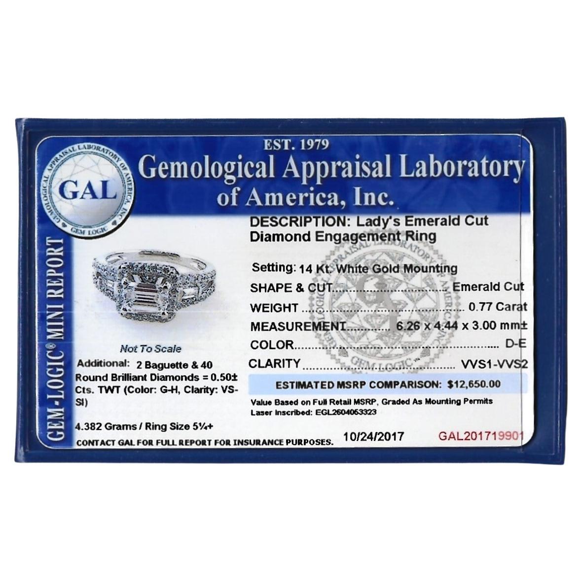 Emerald Cut Diamond and Squared Halo Engagement Ring White Gold, D-E / VVS1-VVS2 For Sale 6