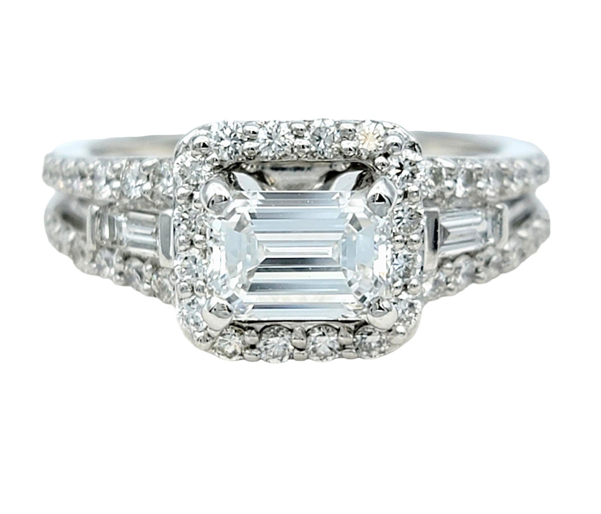 Contemporary Emerald Cut Diamond and Squared Halo Engagement Ring White Gold, D-E / VVS1-VVS2 For Sale