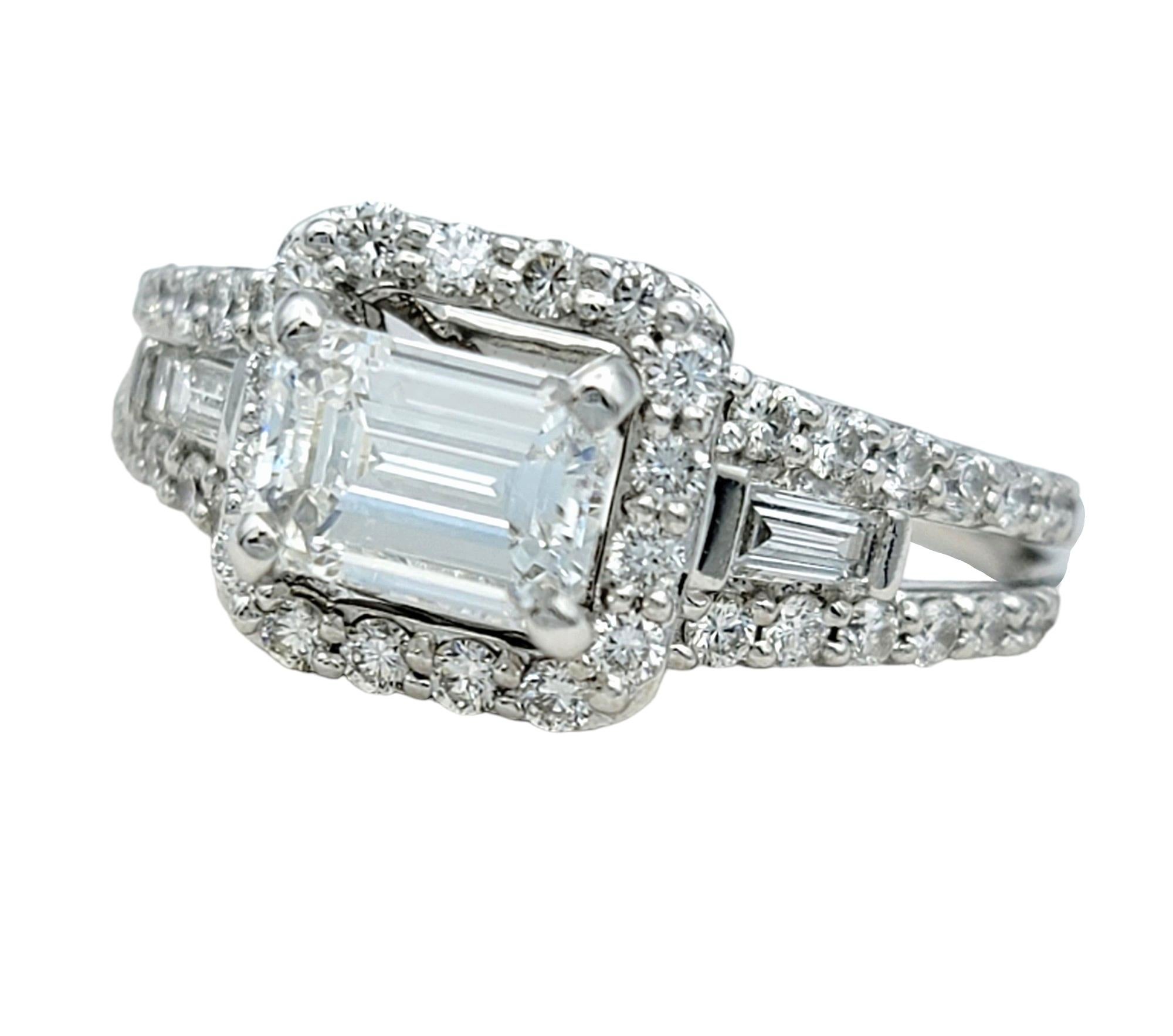 Emerald Cut Diamond and Squared Halo Engagement Ring White Gold, D-E / VVS1-VVS2 In Good Condition For Sale In Scottsdale, AZ