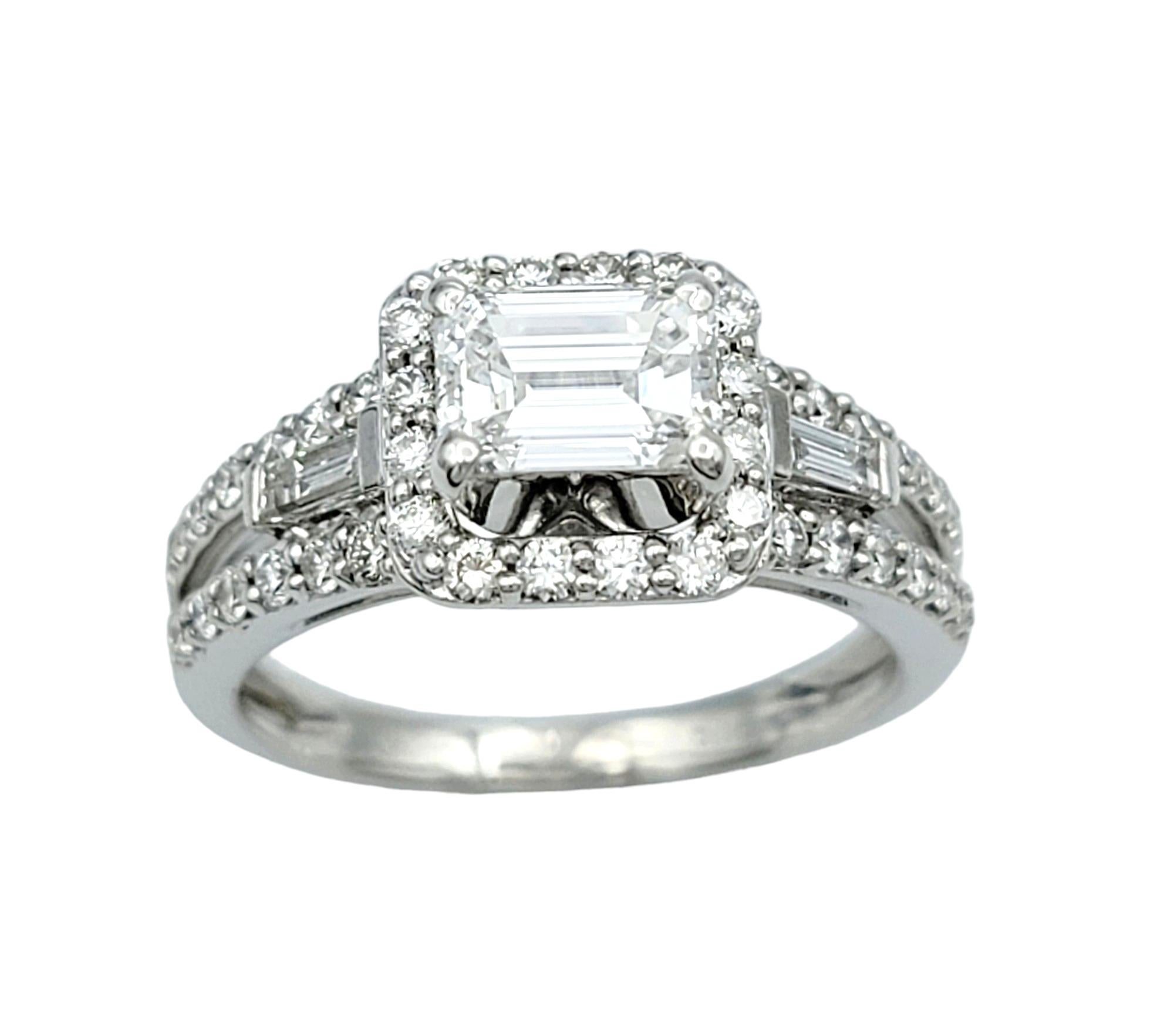 Women's Emerald Cut Diamond and Squared Halo Engagement Ring White Gold, D-E / VVS1-VVS2 For Sale