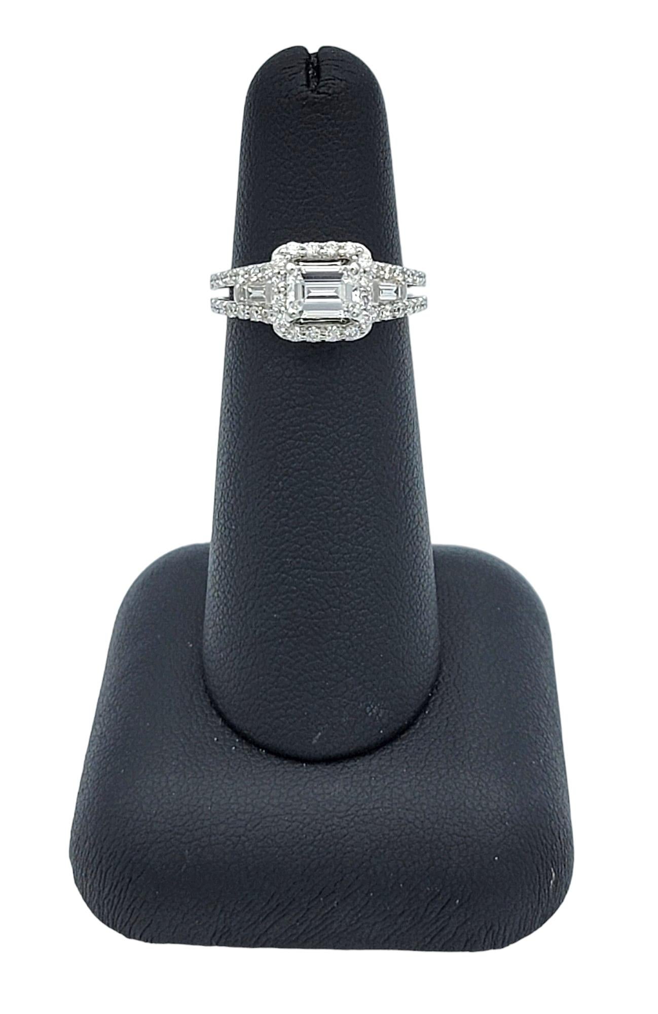 Emerald Cut Diamond and Squared Halo Engagement Ring White Gold, D-E / VVS1-VVS2 For Sale 4