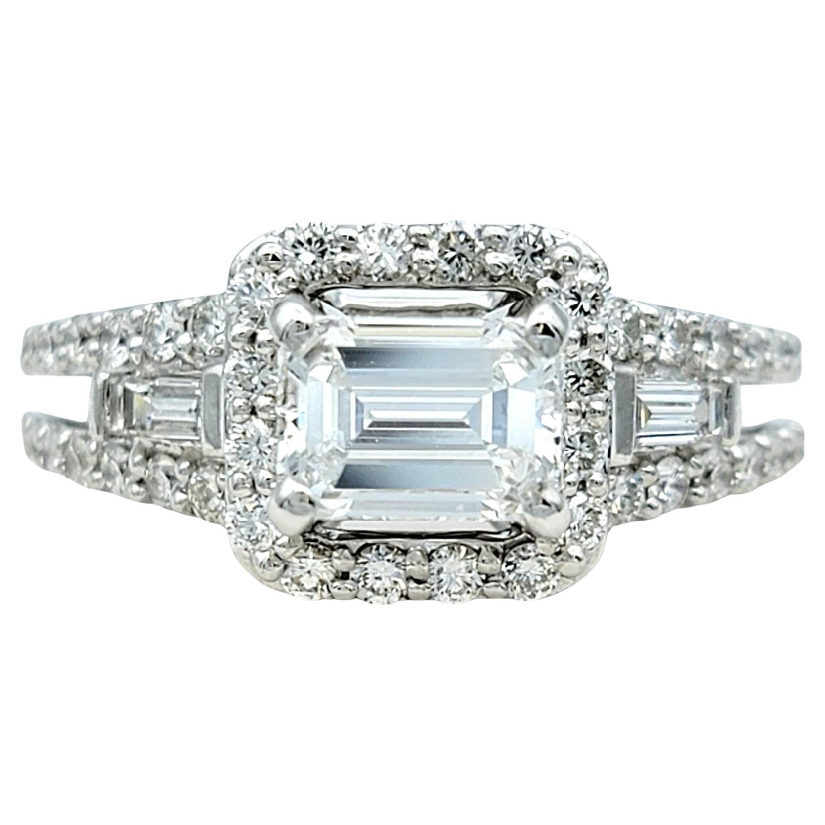 Emerald Cut Diamond and Squared Halo Engagement Ring White Gold, D-E / VVS1-VVS2 For Sale