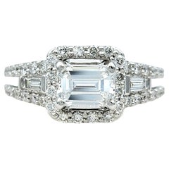 Emerald Cut Diamond and Squared Halo Engagement Ring White Gold, D-E / VVS1-VVS2