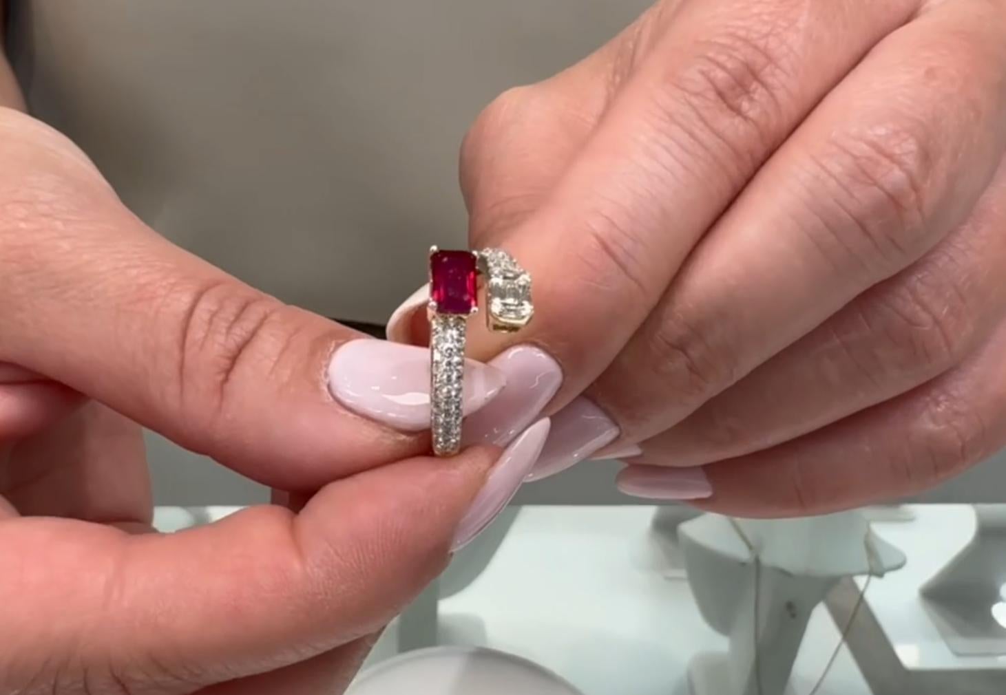 Emerald Cut Diamond and Step Cut Ruby Bypass Ring in 14K Yellow Gold For Sale 4