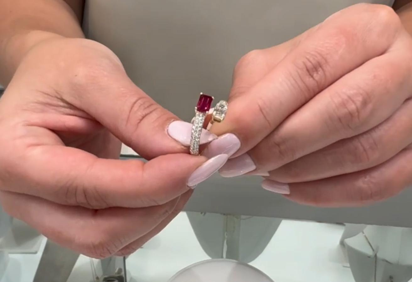 Emerald Cut Diamond and Step Cut Ruby Bypass Ring in 14K Yellow Gold For Sale 5