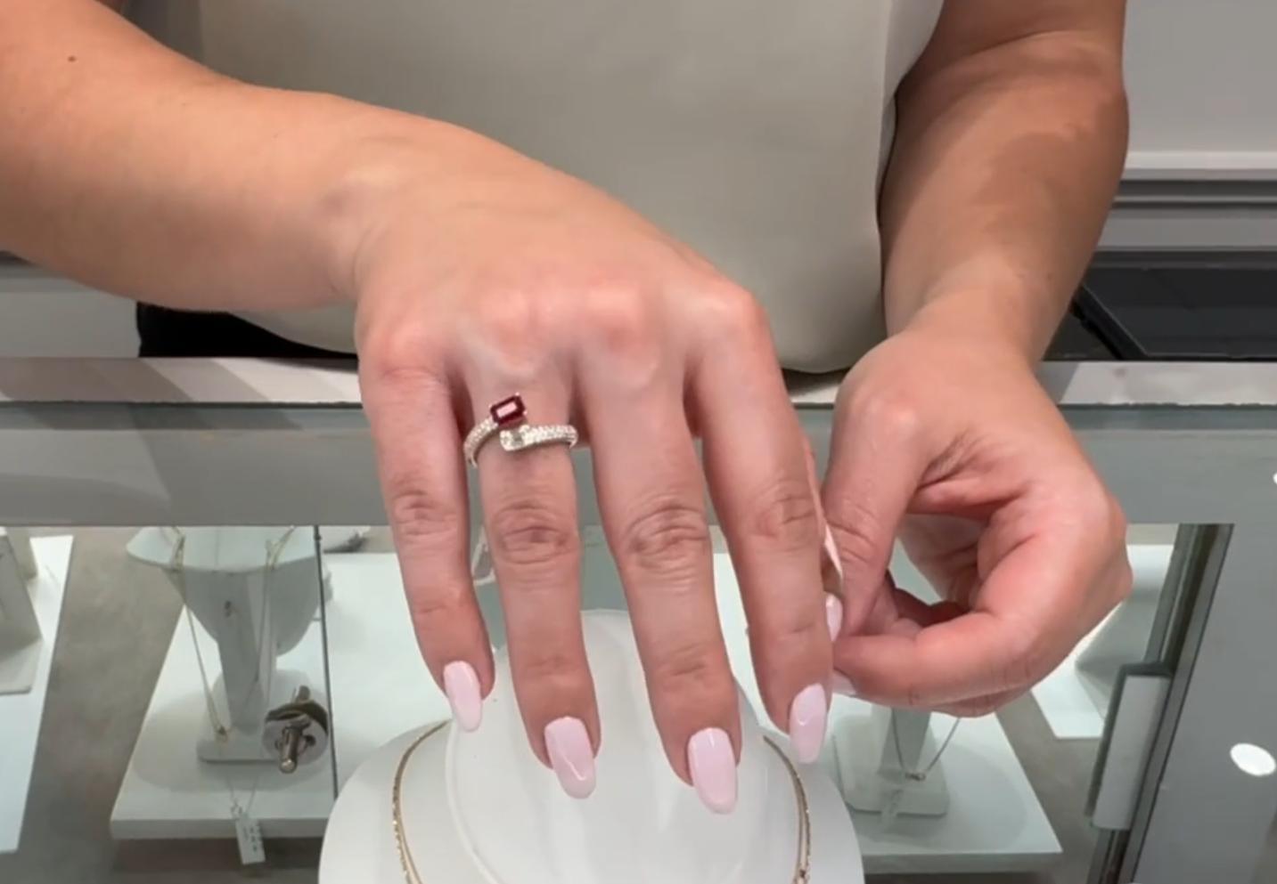 Emerald Cut Diamond and Step Cut Ruby Bypass Ring in 14K Yellow Gold For Sale 2