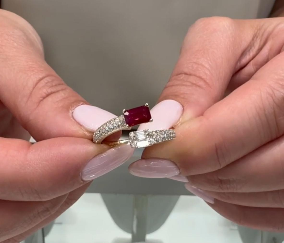 Emerald Cut Diamond and Step Cut Ruby Bypass Ring in 14K Yellow Gold For Sale 3