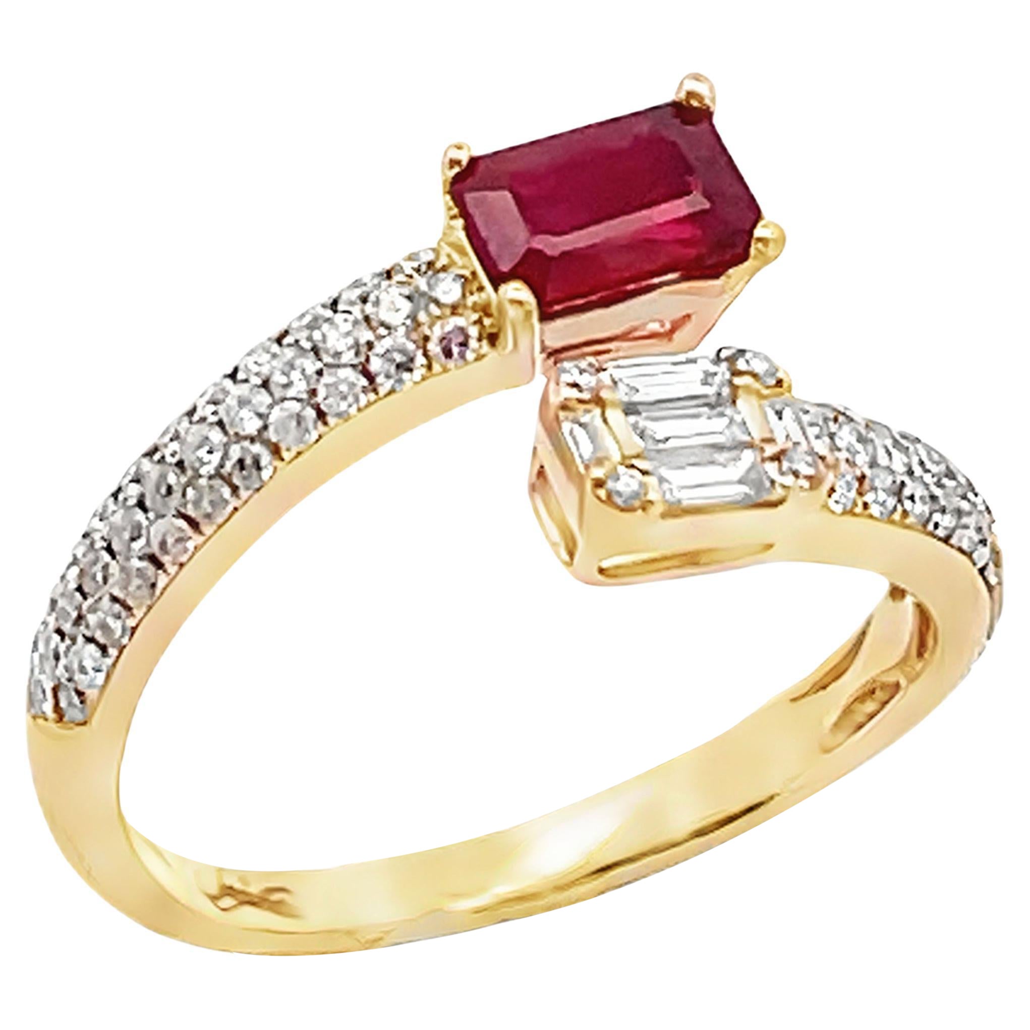 Emerald Cut Diamond and Step Cut Ruby Bypass Ring in 14K Yellow Gold For Sale
