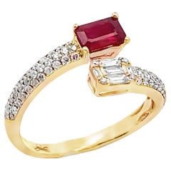 Emerald Cut Diamond and Step Cut Ruby Bypass Ring in 14K Yellow Gold