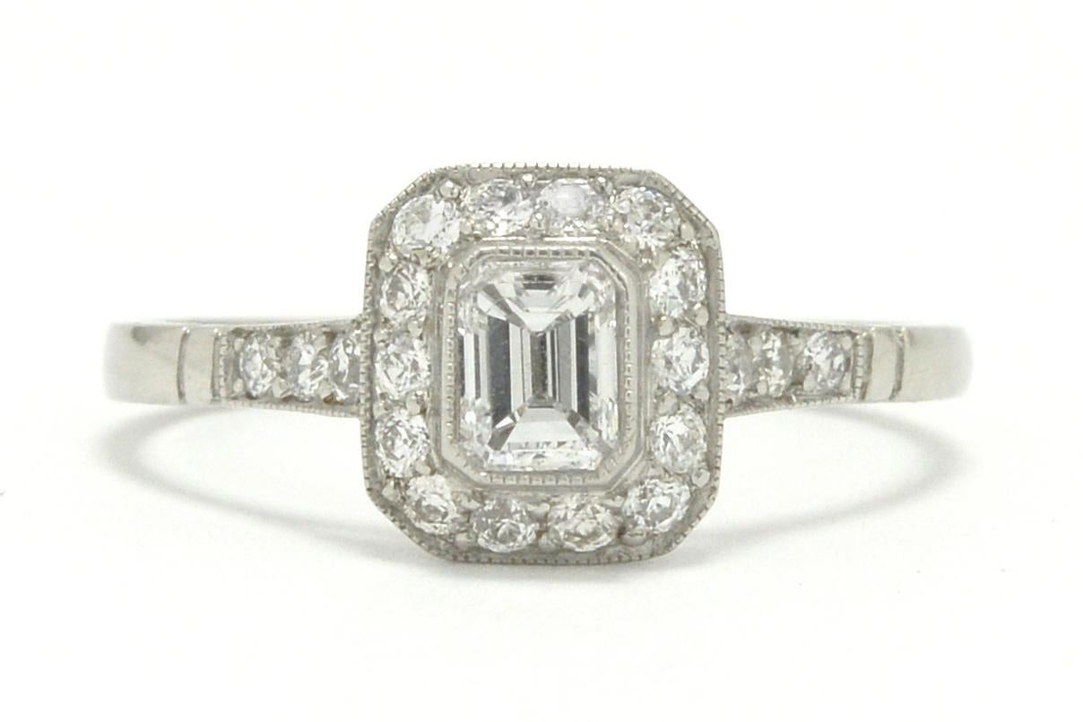 Emerald Cut Diamond Art Deco Style Engagement Ring Platinum Bezel Setting Halo