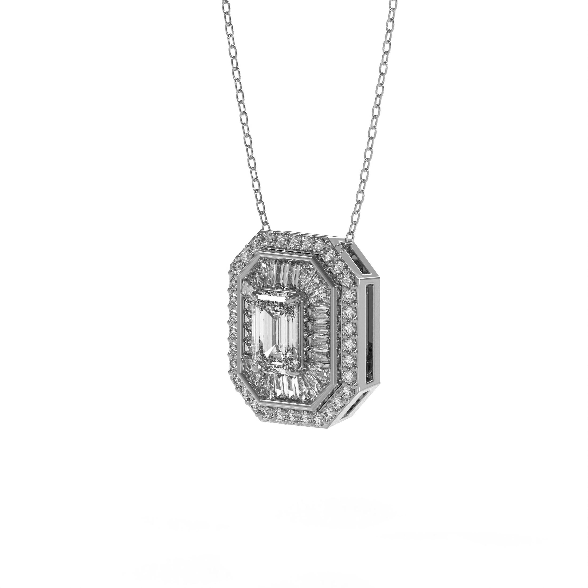 Collana con ciondolo in oro K.K. con diamante taglio smeraldo Baguette Burst da 2,14 carati In condizioni Nuovo in vendita a New Hope, PA