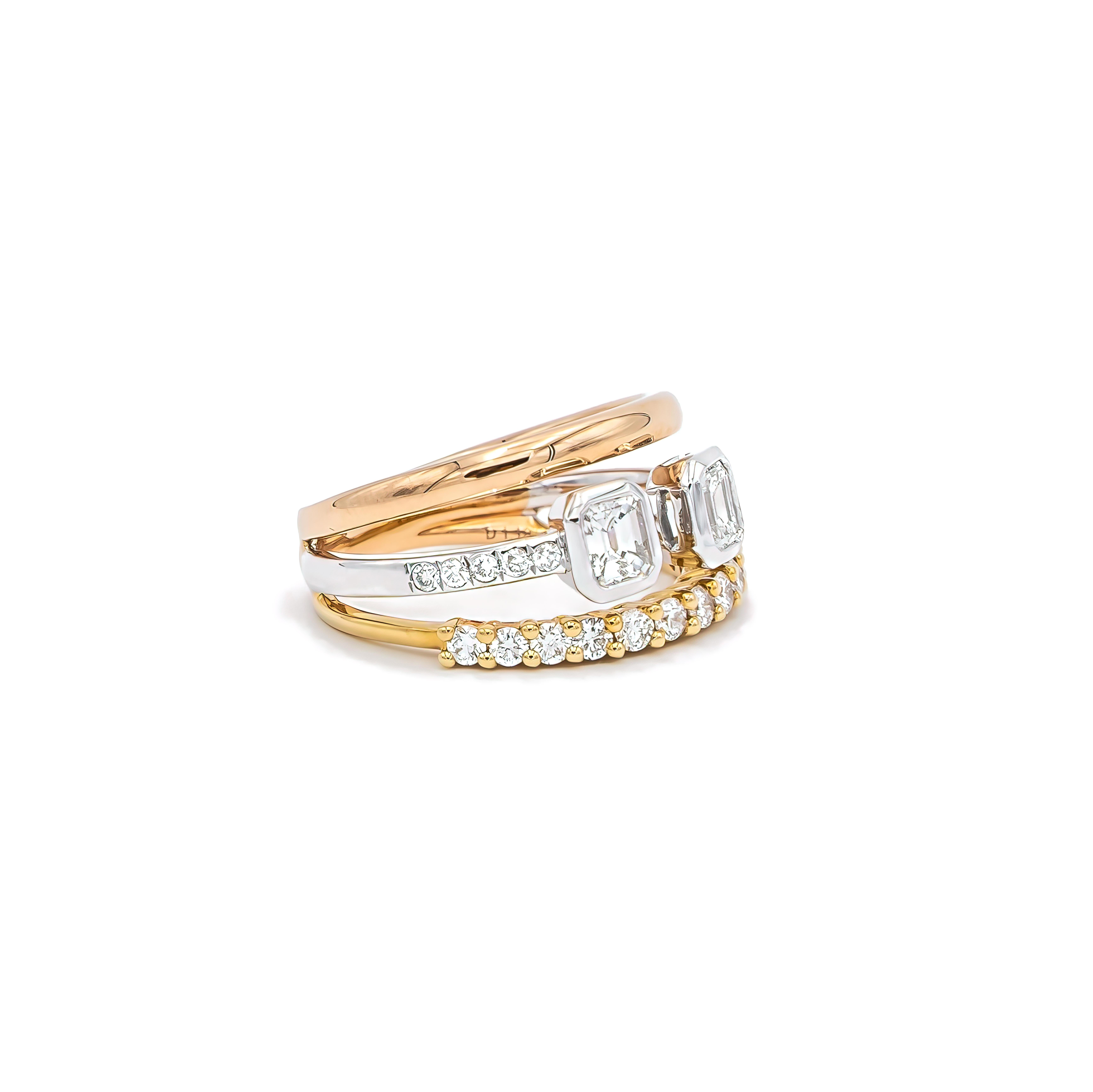 Total Ring Carat Weight: 1.18cts
Diamond Clarity: VS1
Diamond Color: G
Gold Purity: 18k
Gold Color: Rose, White and Yellow
Gold Weight: 7.17g
Diamond Type: Natural Diamond, Conflict-Free

Emerald Cut Diamond Bezel Gapped Set in Fancy Triple 18k Gold