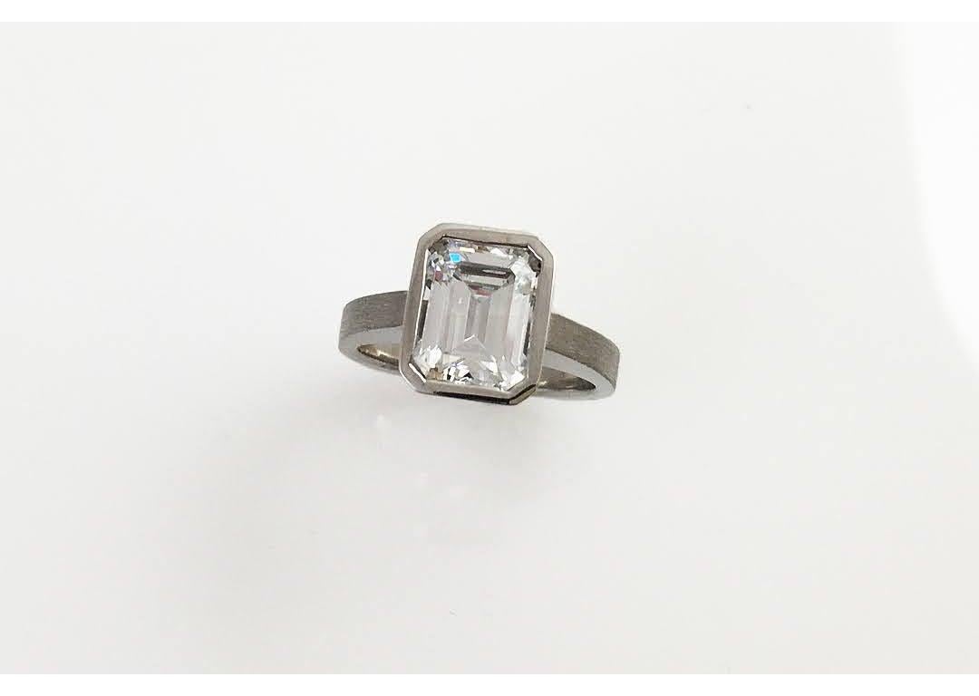 For Sale:  Emerald Cut Diamond Bezel Solitaire Ring 2