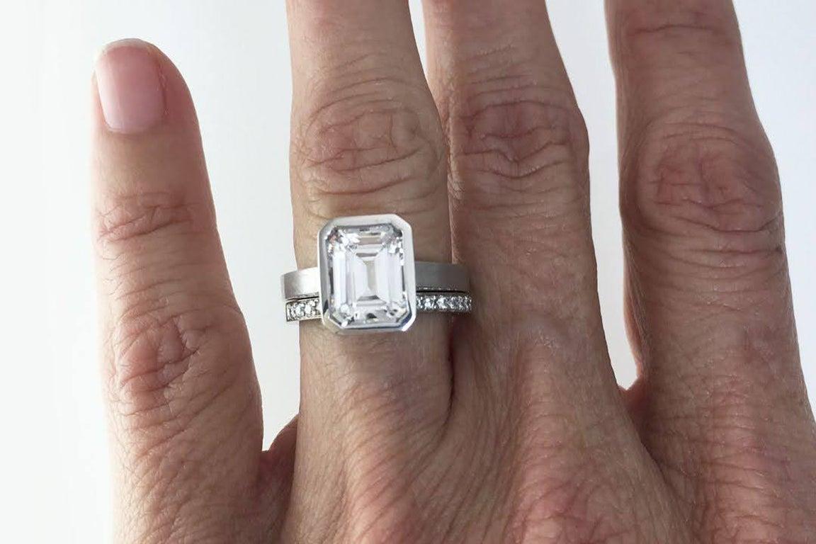 For Sale:  Emerald Cut Diamond Bezel Solitaire Ring 6