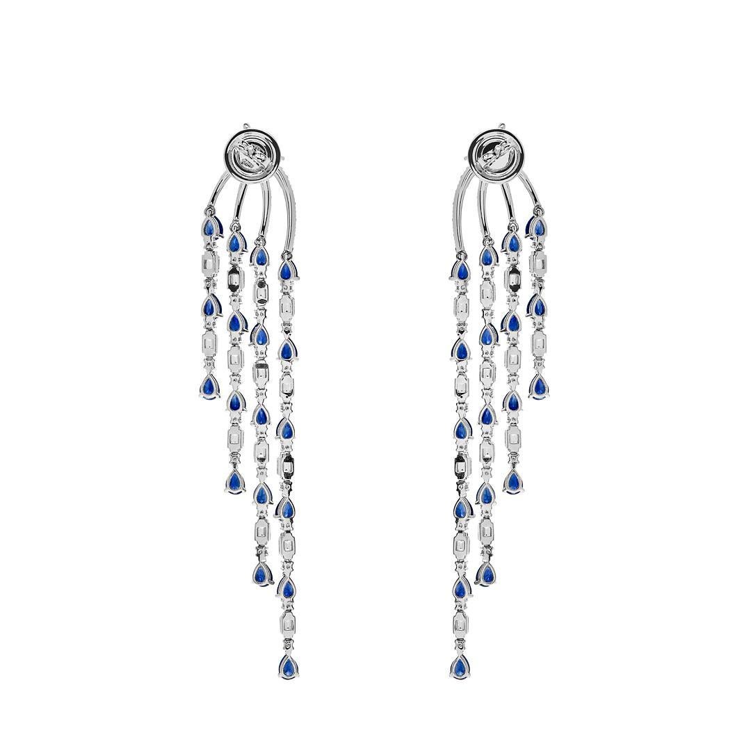 Modern Emerald Cut Diamond & Blue Sapphire Chandelier Earrings For Sale