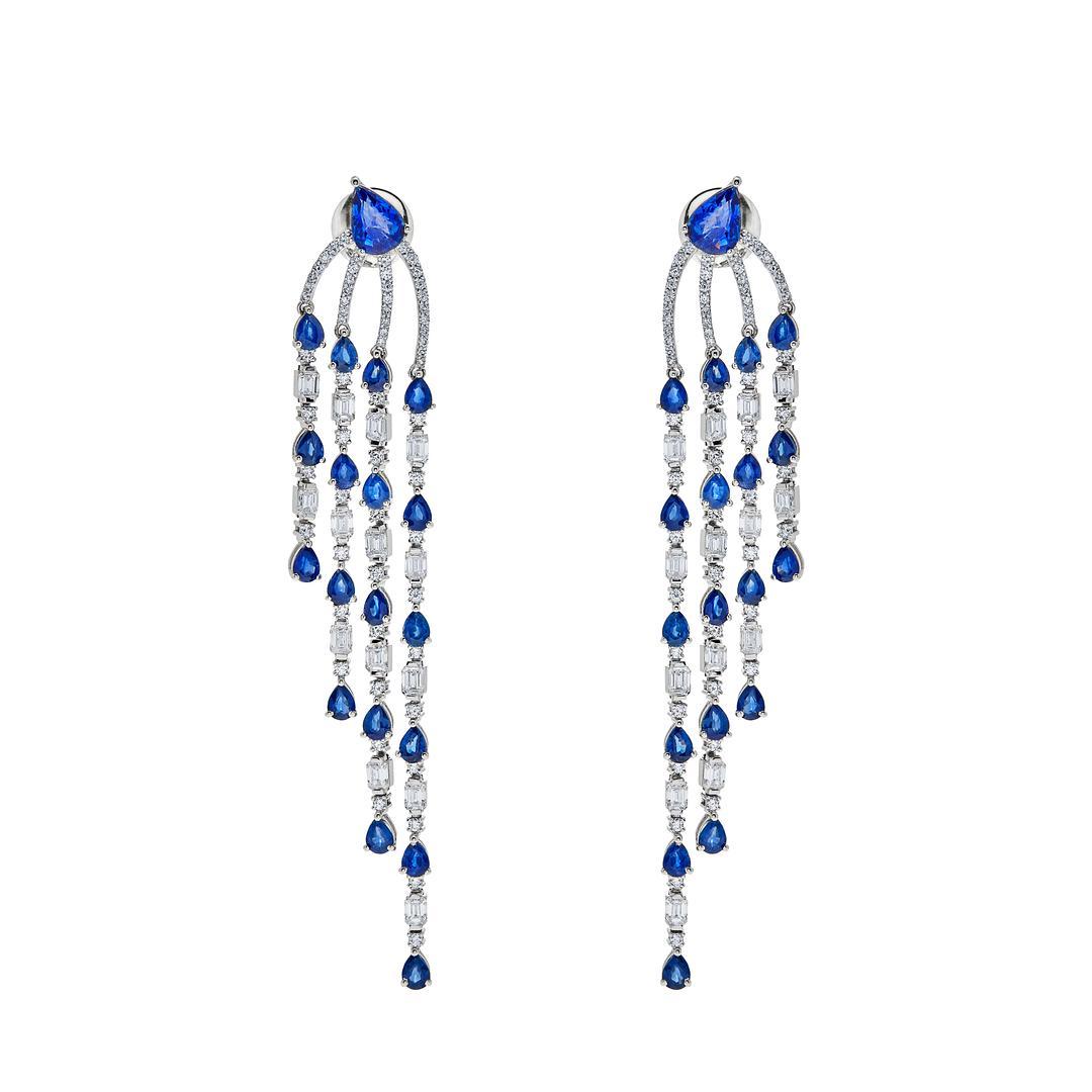 Pear Cut Emerald Cut Diamond & Blue Sapphire Chandelier Earrings For Sale