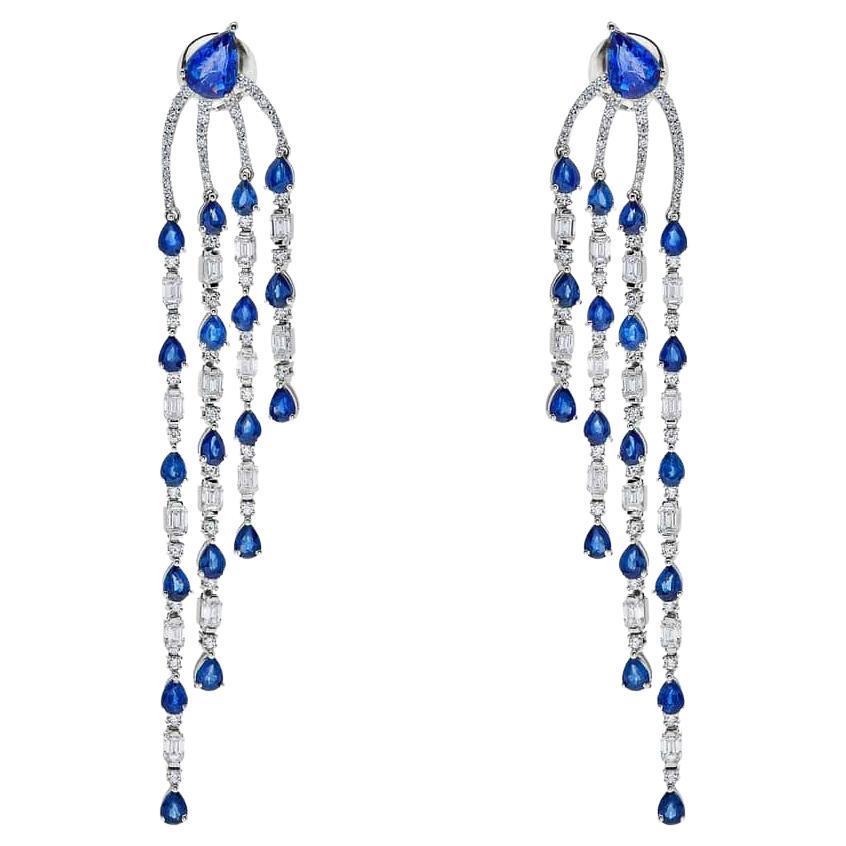 Emerald Cut Diamond & Blue Sapphire Chandelier Earrings For Sale