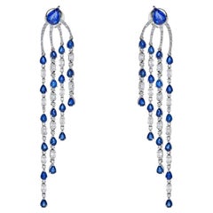 Emerald Cut Diamond & Blue Sapphire Chandelier Earrings