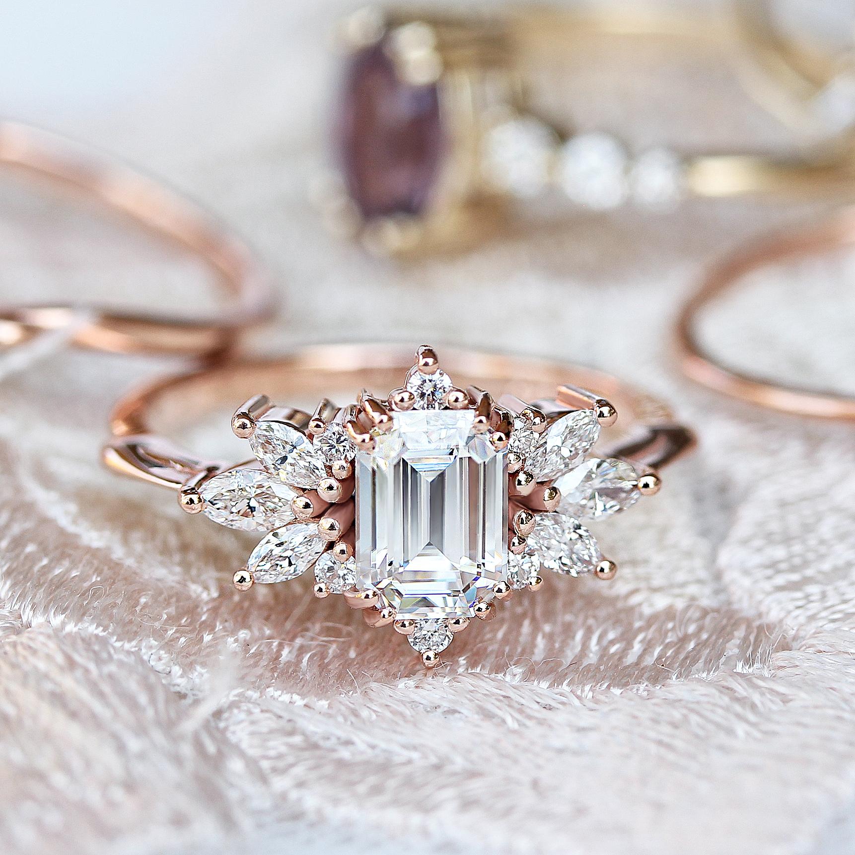 Art Deco Emerald Cut Diamond Bridal Ring Set 