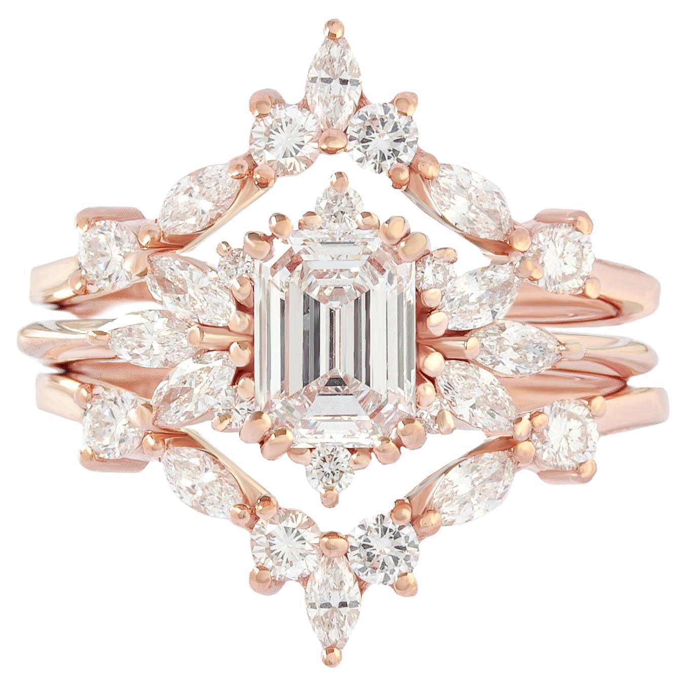 Emerald Cut Diamond Bridal Ring Set "Spark" & "Iceland" Nesting Rings