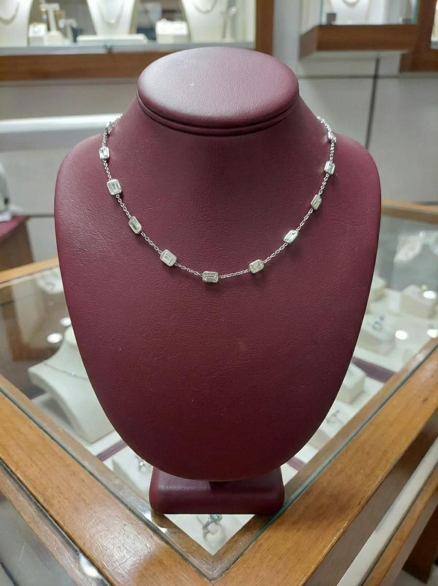 Contemporary Emerald-Cut Diamond by the Yard Necklace in 18K White Gold For Sale