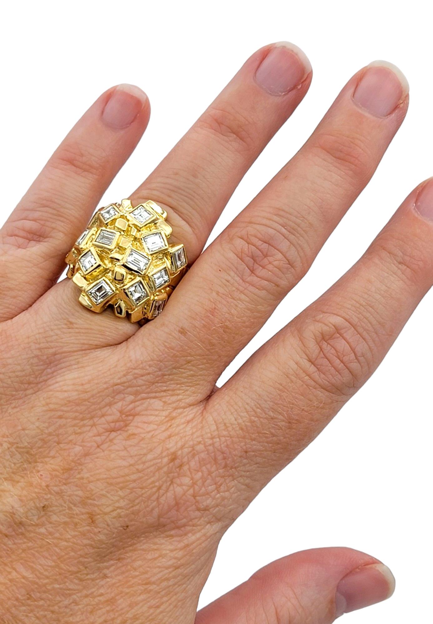 Emerald Cut Diamond Cluster Nugget Style Cocktail Ring in 14 Karat Yellow Gold For Sale 5