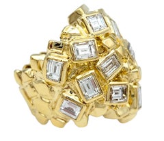Emerald Cut Diamond Cluster Nugget Style Cocktail Ring in 14 Karat Yellow Gold