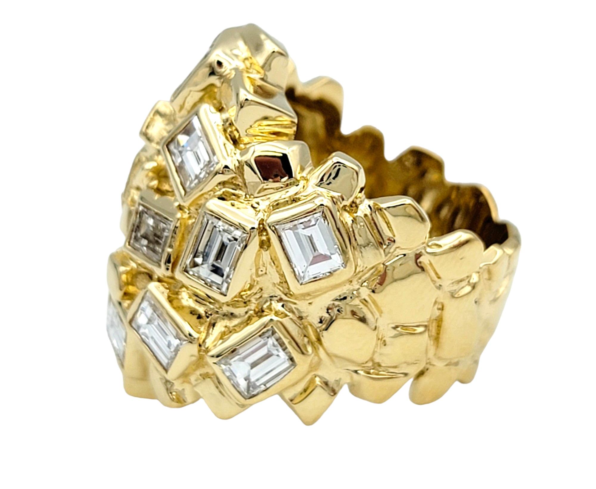 Contemporary Emerald Cut Diamond Cluster Nugget Style Cocktail Ring in 14 Karat Yellow Gold For Sale