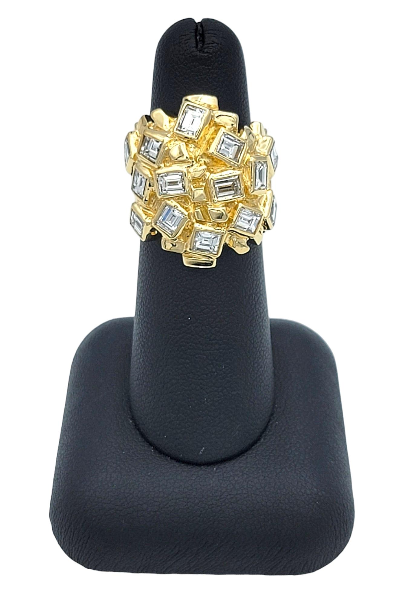 Emerald Cut Diamond Cluster Nugget Style Cocktail Ring in 14 Karat Yellow Gold For Sale 2
