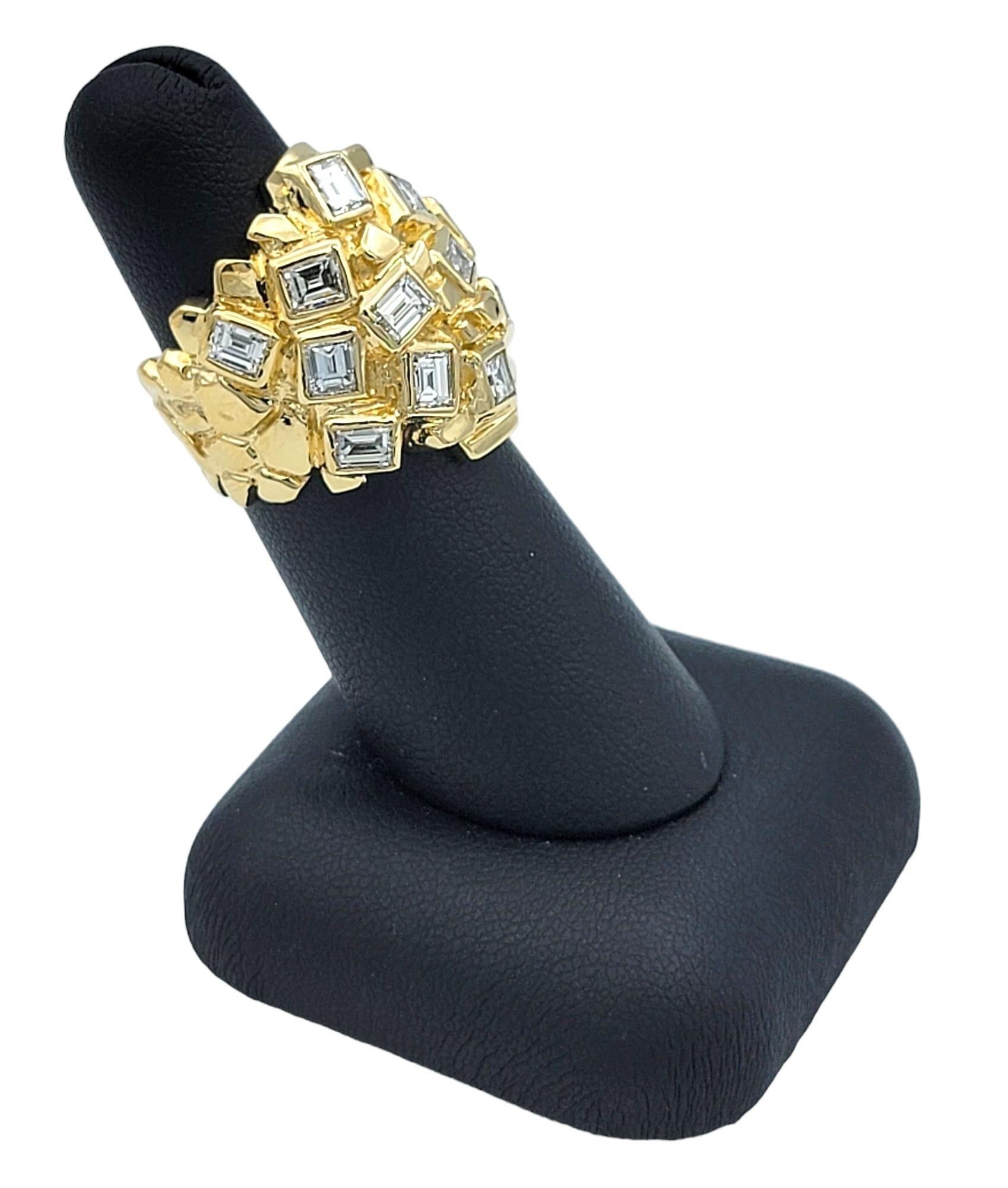 Emerald Cut Diamond Cluster Nugget Style Cocktail Ring in 14 Karat Yellow Gold For Sale 3