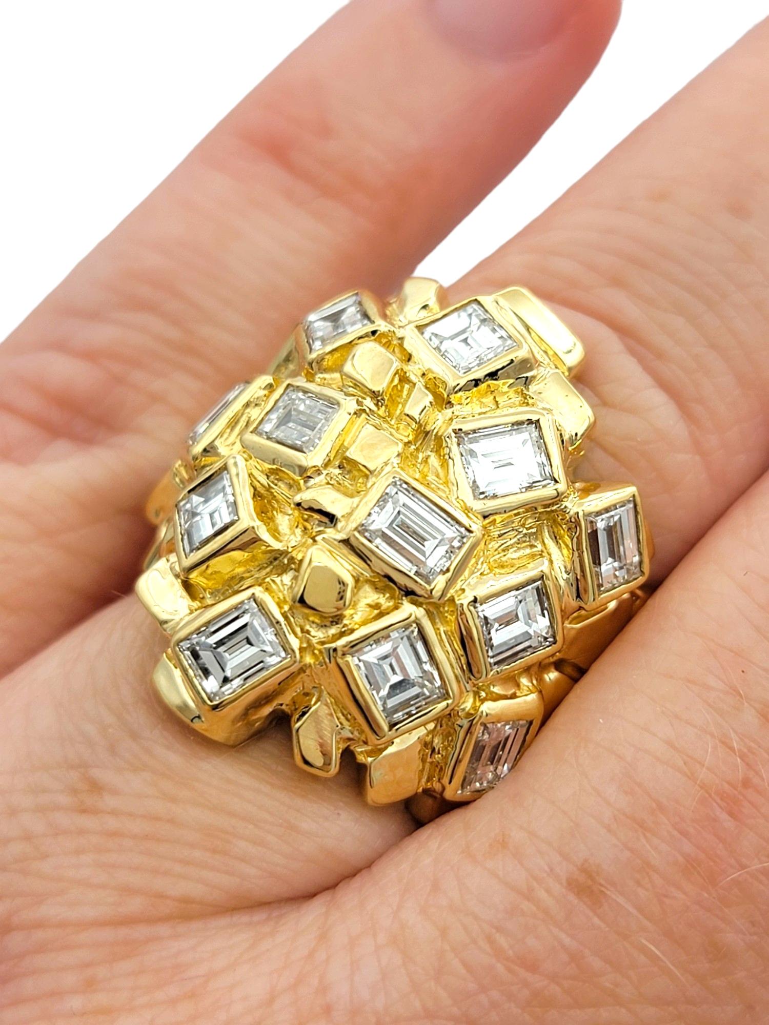 Emerald Cut Diamond Cluster Nugget Style Cocktail Ring in 14 Karat Yellow Gold For Sale 4