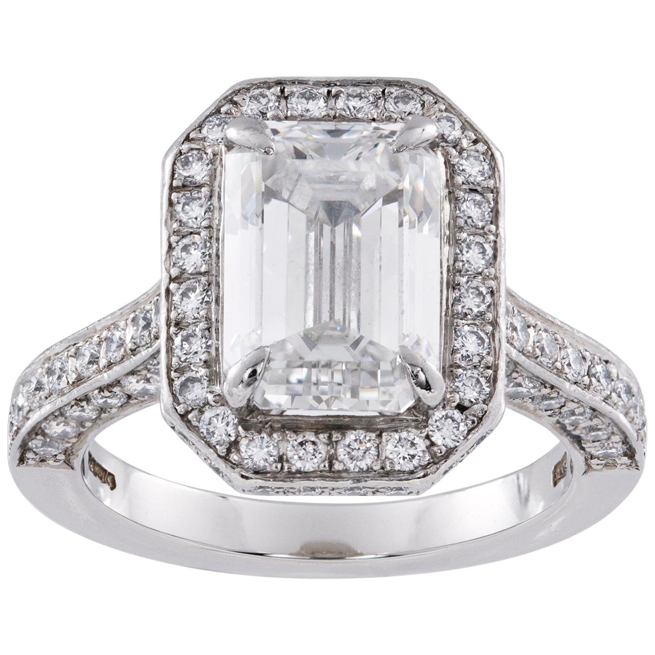 GIA Certified 2.22 Carat Emerald-Cut Diamond Cluster Ring For Sale