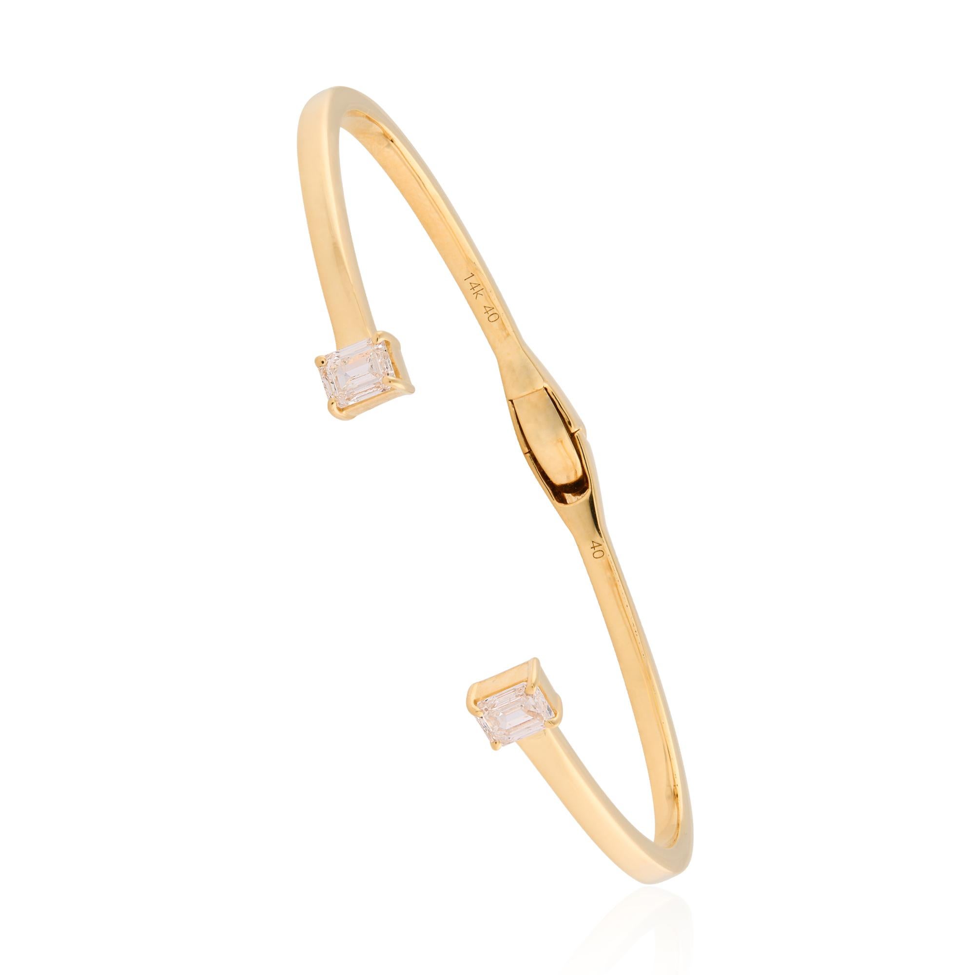 Modern Emerald Cut Diamond Cuff Bangle 10 Karat Yellow Gold Bracelet Handmade Jewelry For Sale