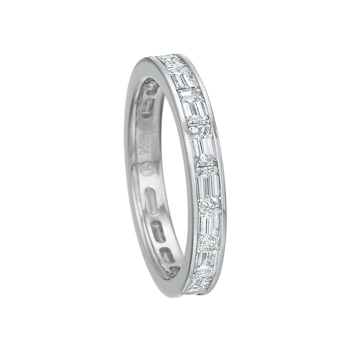 Emerald-cut diamond eternity band ring, featuring near-colorless diamonds set East-West in a shared-prong platinum setting.
 
Diamonds weighing 2.20 total carats
3mm wide band
Size 6
