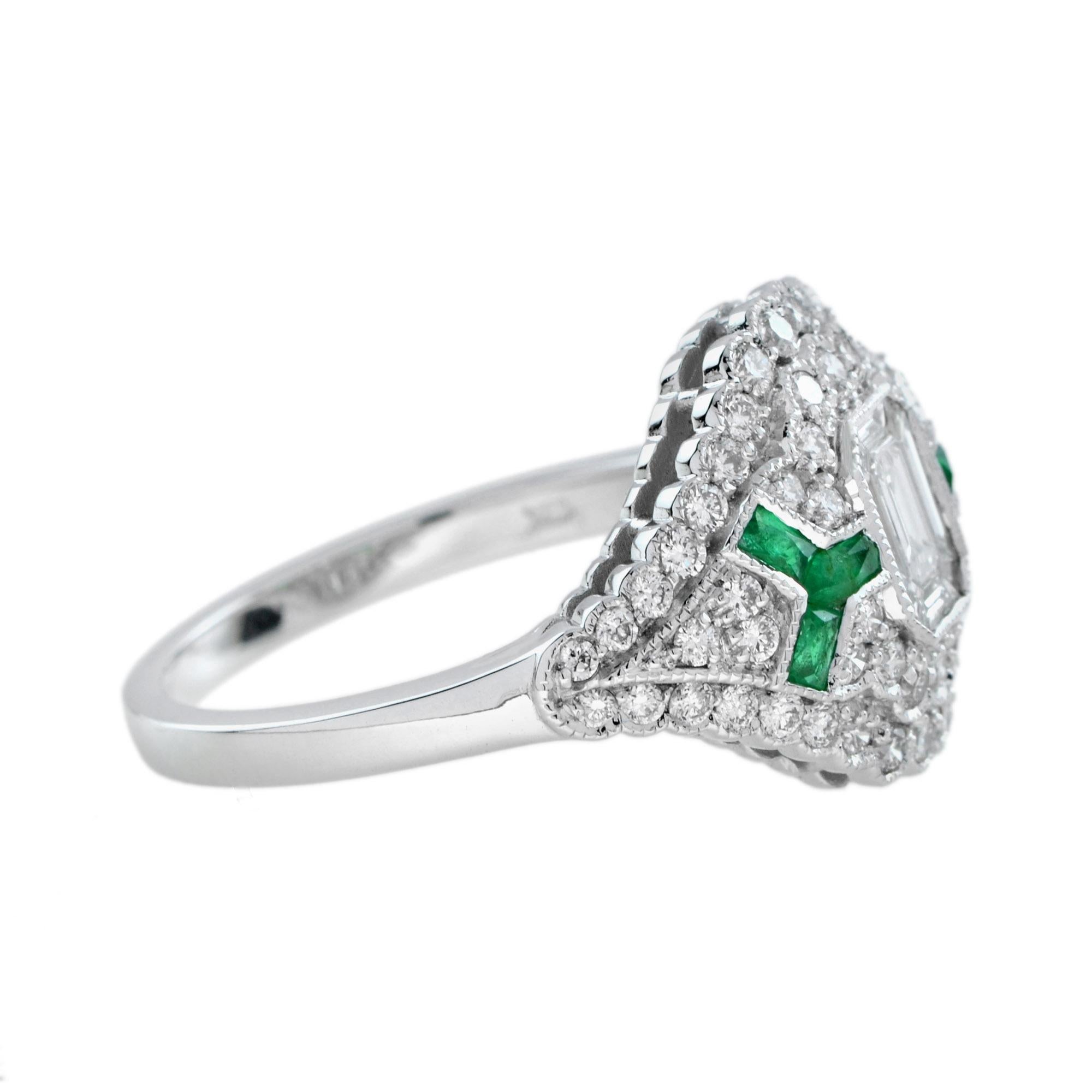 Art déco Bague unique en or blanc 18k avec diamant et émeraude d'inspiration Art Déco en vente
