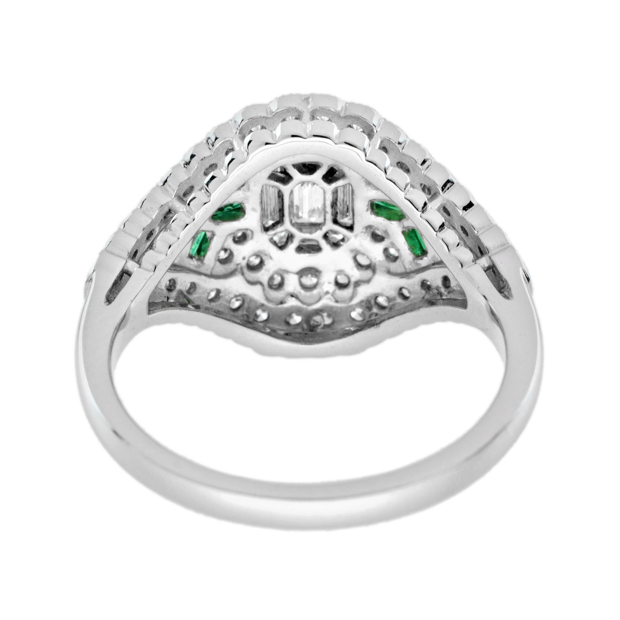 Taille émeraude Bague unique en or blanc 18k avec diamant et émeraude d'inspiration Art Déco en vente