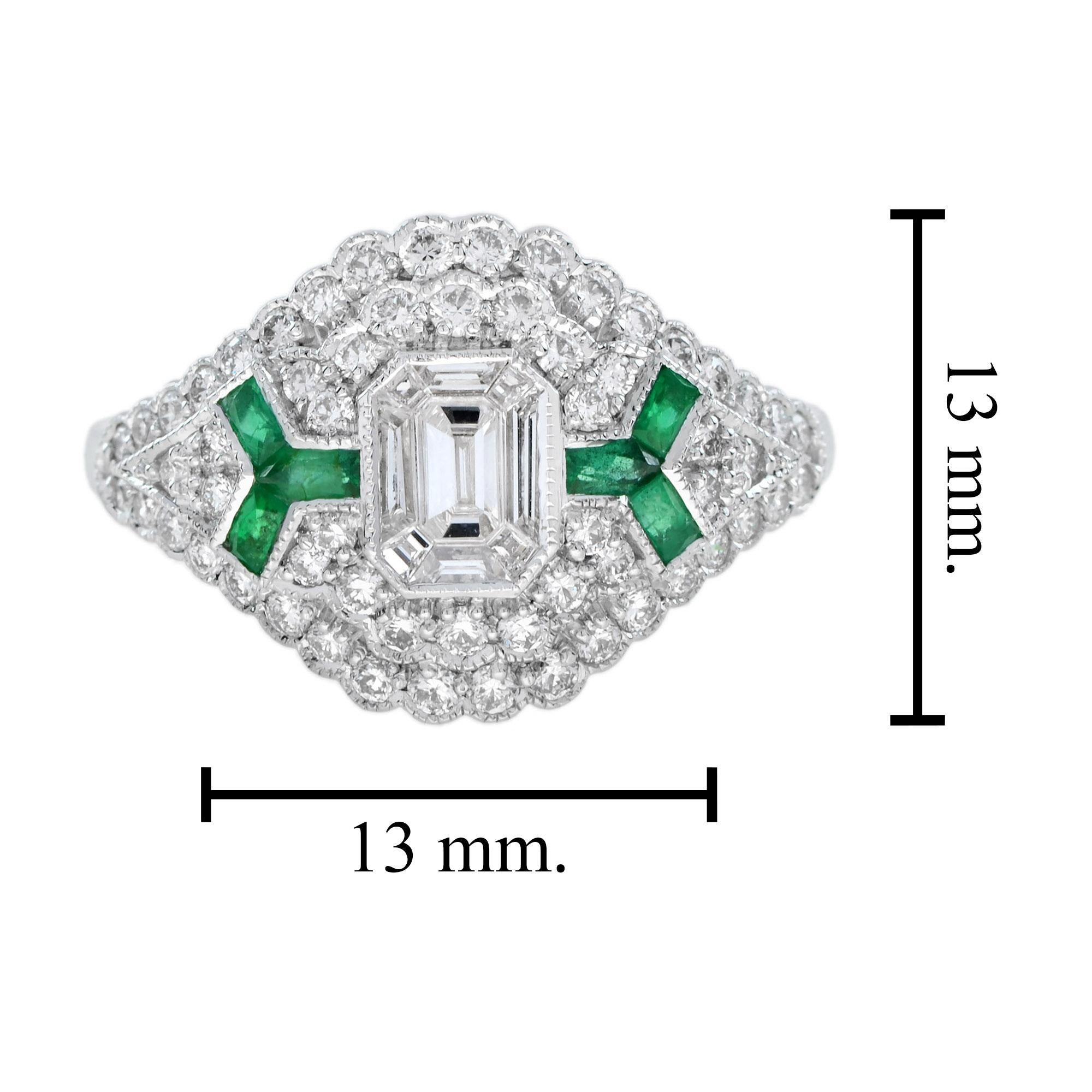 Bague unique en or blanc 18k avec diamant et émeraude d'inspiration Art Déco en vente 1