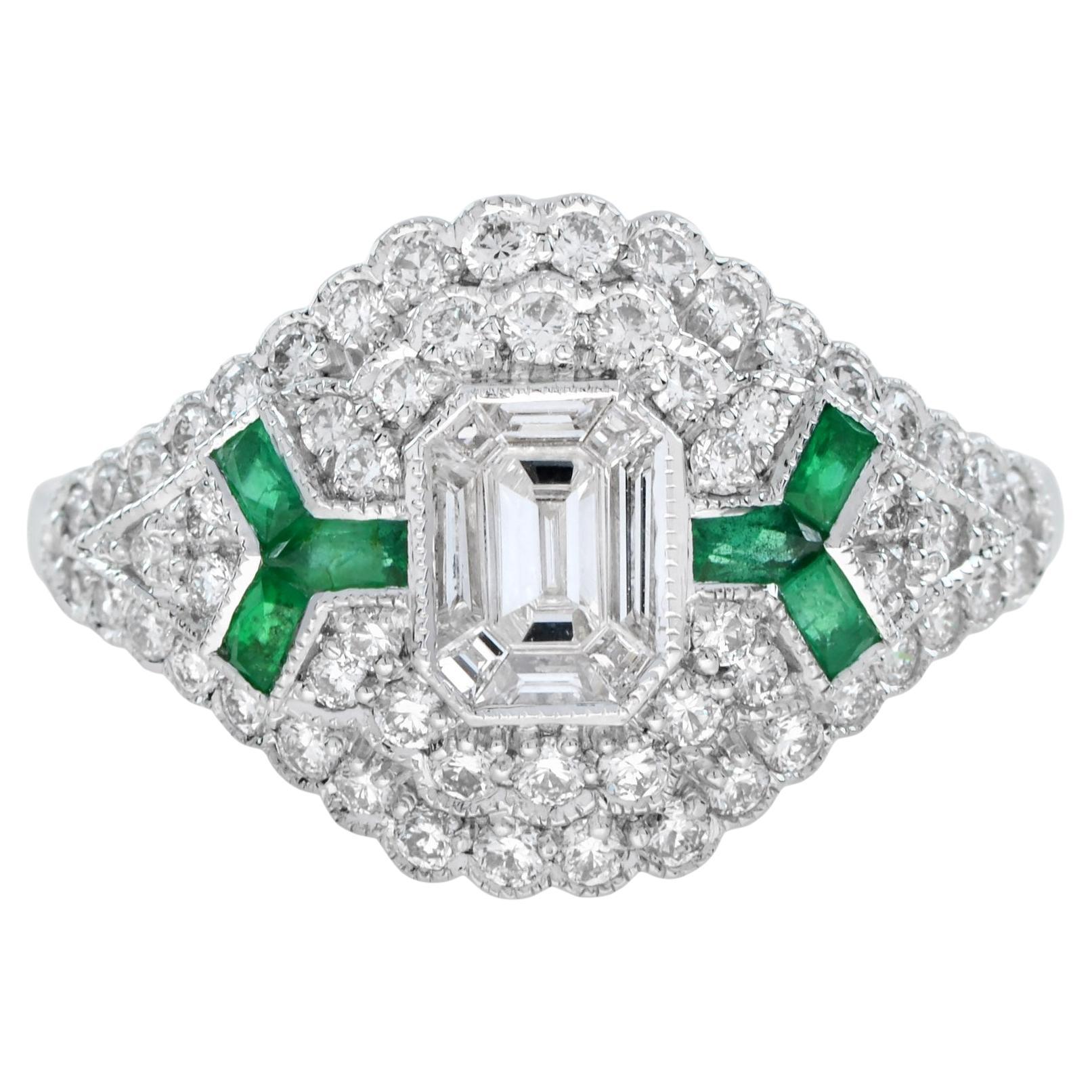 Bague unique en or blanc 18k avec diamant et émeraude d'inspiration Art Déco