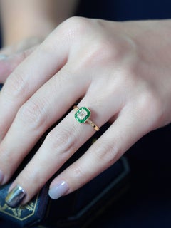 Emerald Cut Diamond Emerald Art Deco Style Engagement Ring in 18K Yellow Gold