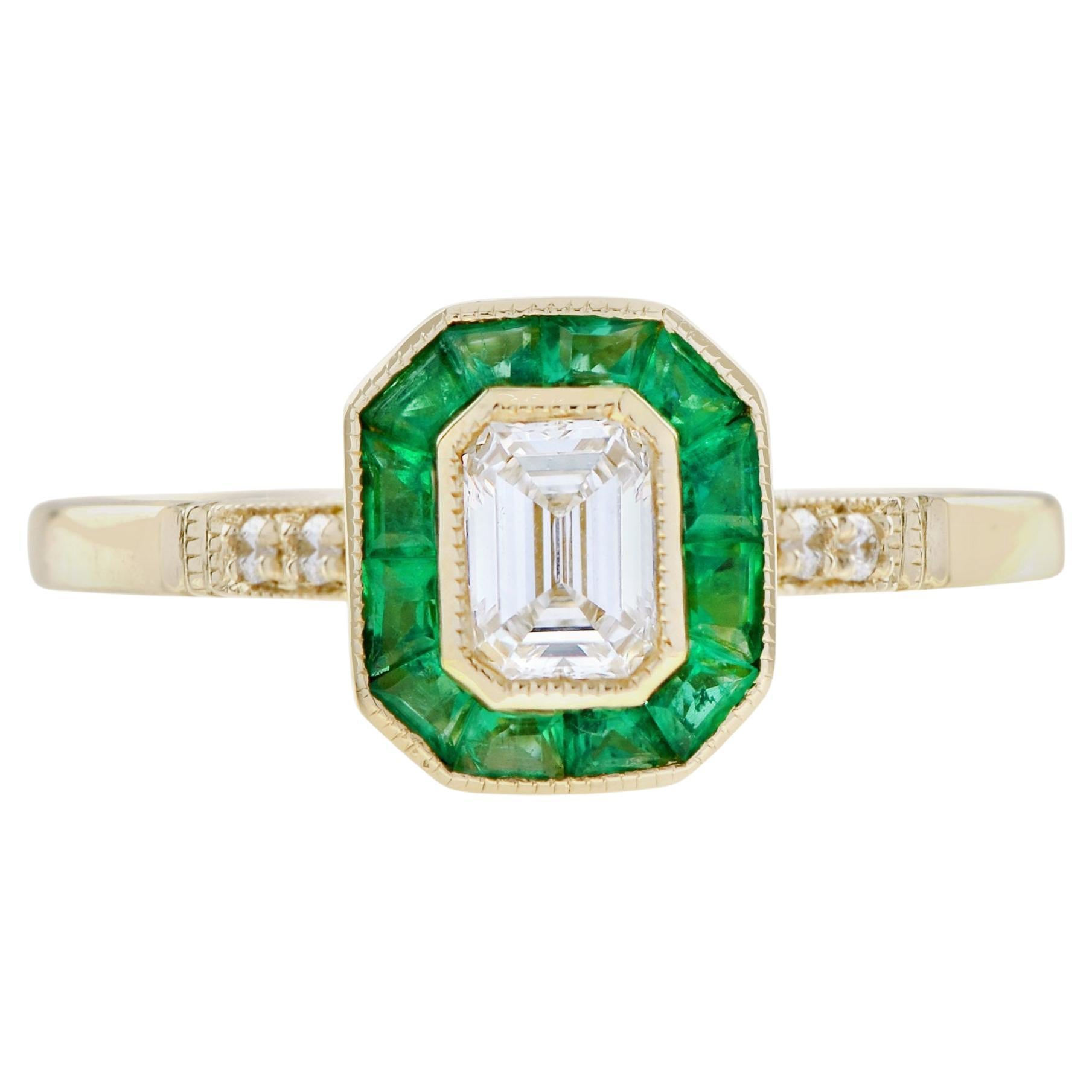 Bague de fiançailles en or jaune 18 carats, diamant taille émeraude, style art déco en vente