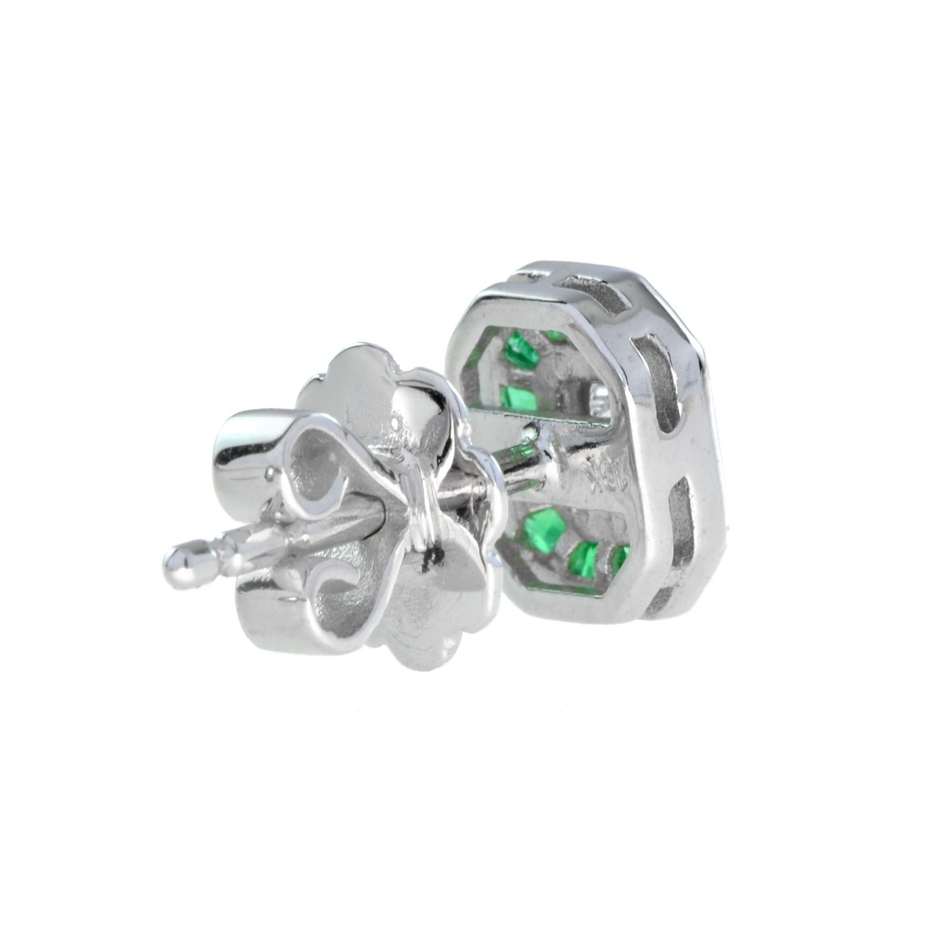 Art Deco Emerald Cut Diamond Emerald Halo Stud Earrings in 18k White Gold For Sale